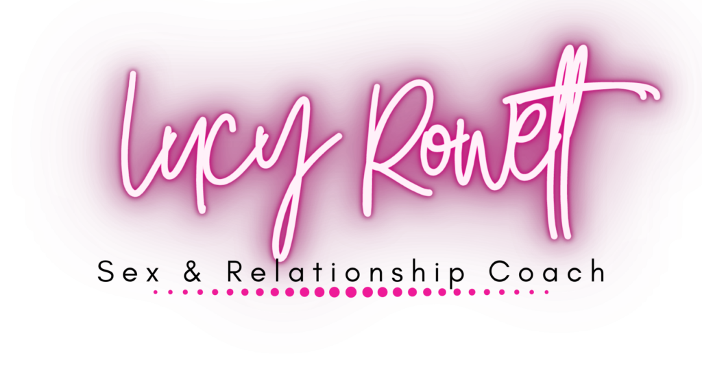 Lucy Rowett logo in a rectangle. Words: Lucy Rowett in neon pink in swirly italics. Text underneath: Sex &Relationship Coach, in black text