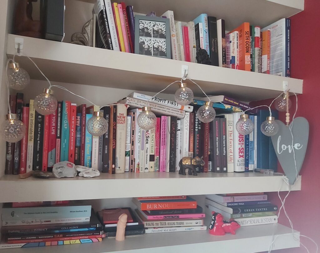 Lucy's bookshelf which is untidy but full of books on sex, relationships, and business.